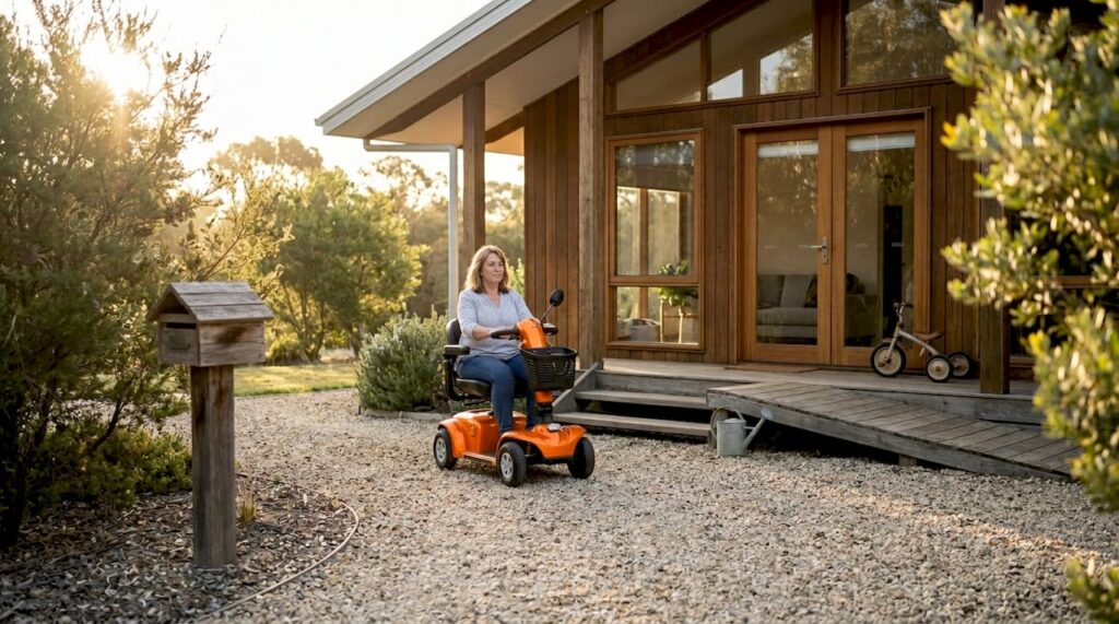 Accessible shed home exterior with ramp entry
