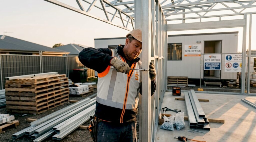 Worker assembling steel frame shed home on site
