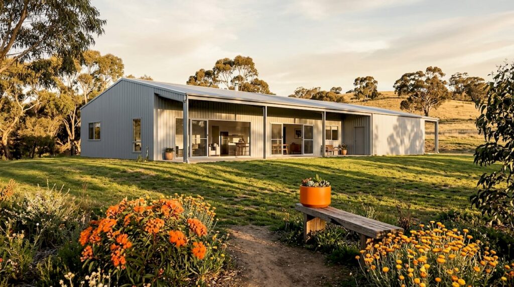 Large span shed home exterior wide view
