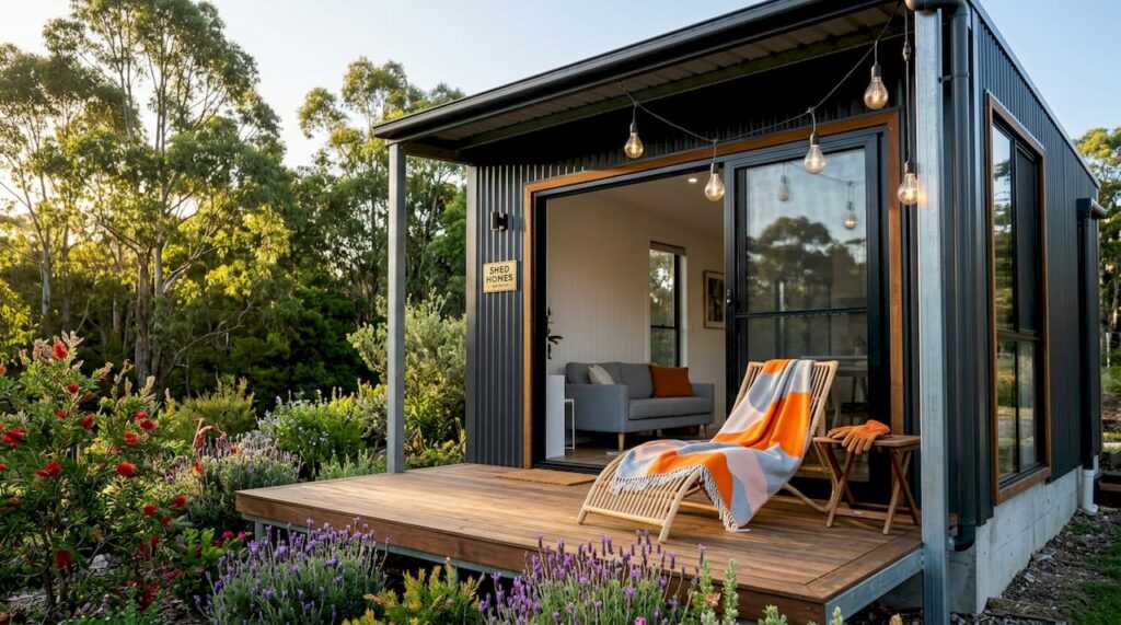 Steel-frame shed home with connected outdoor deck