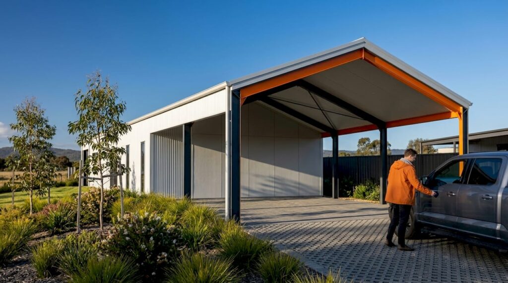 Exterior of shed home with attached carport