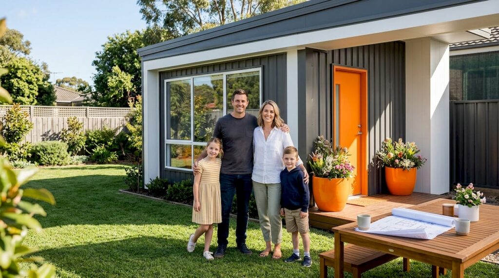 Family in front of their customized shed home