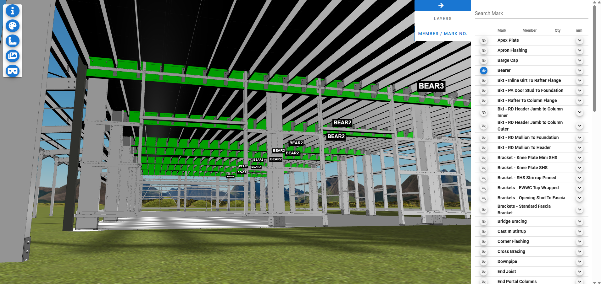 Freemantle 3D - all bearers highlighted green in full BOM view