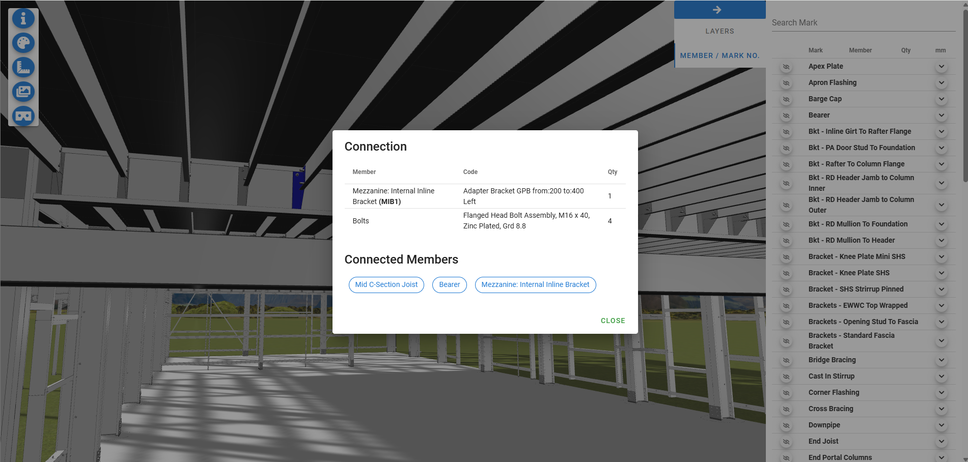 Freemantle 3D - mezzanine bracket connection with bolt specification