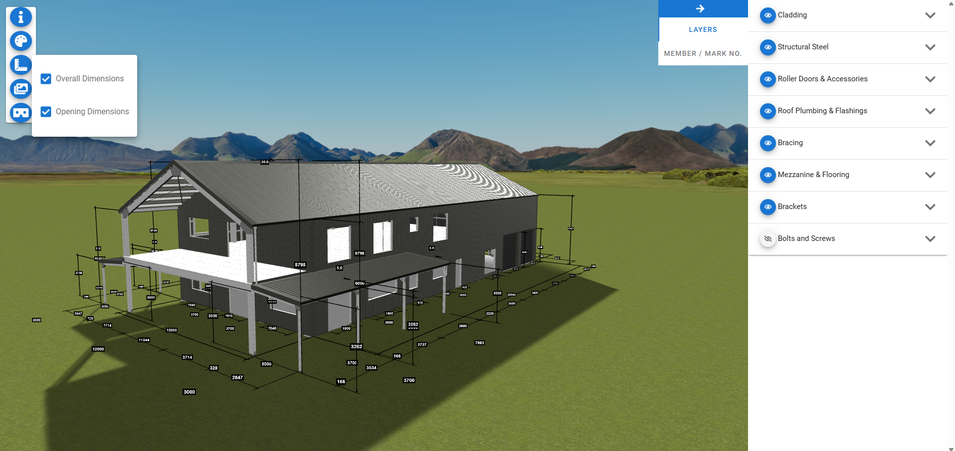 Customised Freemantle 3D - front view with all dimensions including mezzanine and awning