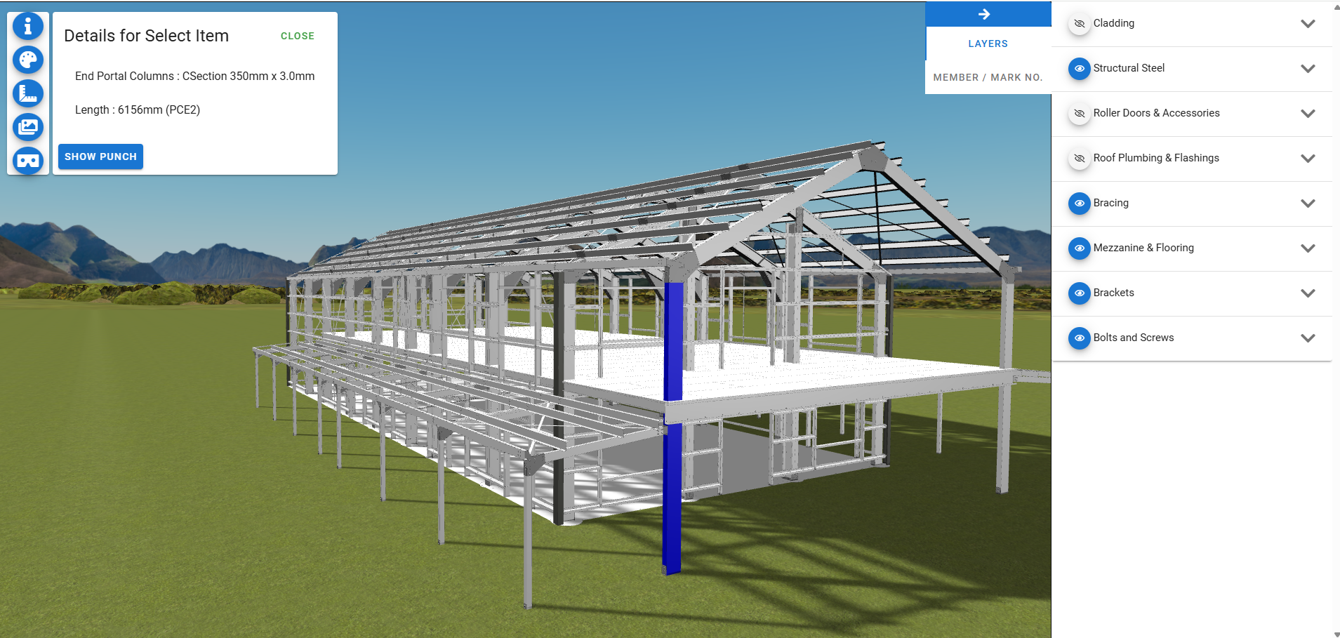 Freemantle 3D - full structural frame with end portal columns highlighted